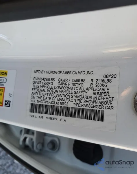 2020 Honda Accord Exl из США, поврежденный, VIN 1HGCV1F5XLA118922